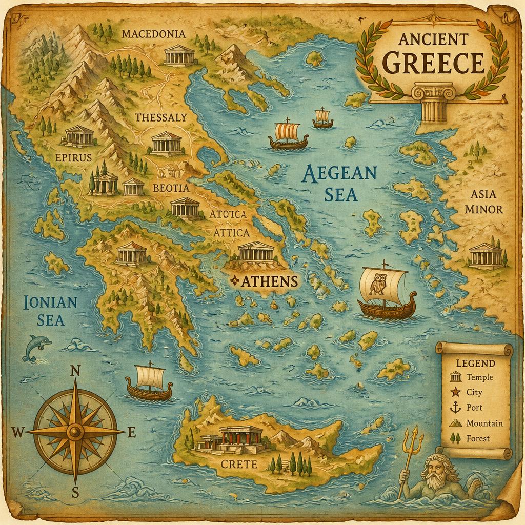 Illustrated map of Ancient Greece with temples and islands